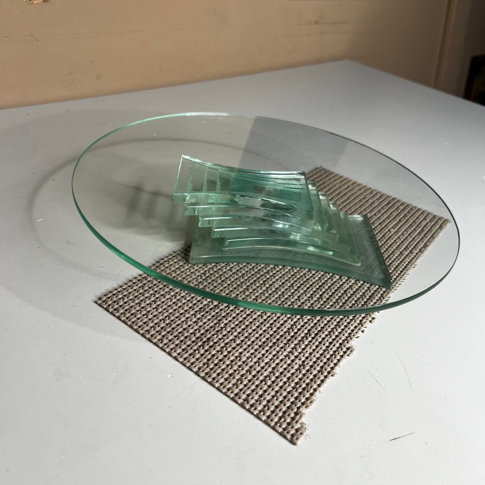 Modernist Tiered Geometric Glass Pedestal Centerpiece Bowl Clear Green 11.5"